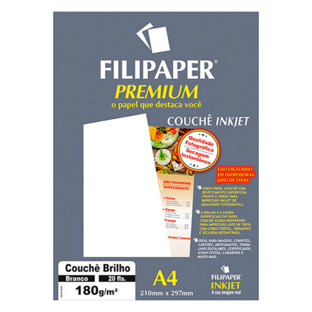 Papel Couchê Brilho Premium A4 180gm² 20fls Branco Filiperson 9902